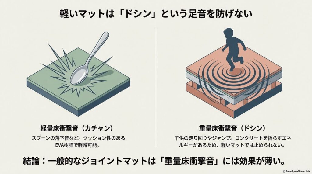 軽量床衝撃音（スプーンの落下音など）はEVA樹脂で軽減可能だが、重量床衝撃音（子供の走り回りなど）は軽いマットでは防げないことを説明する図解。