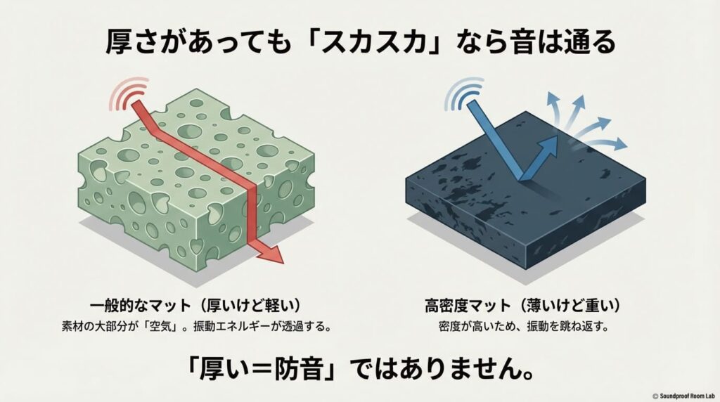 一般的なマット（厚いが素材がスカスカで振動が透過する）と、高密度マット（薄いが密度が高く振動を跳ね返す）の比較イメージ図。