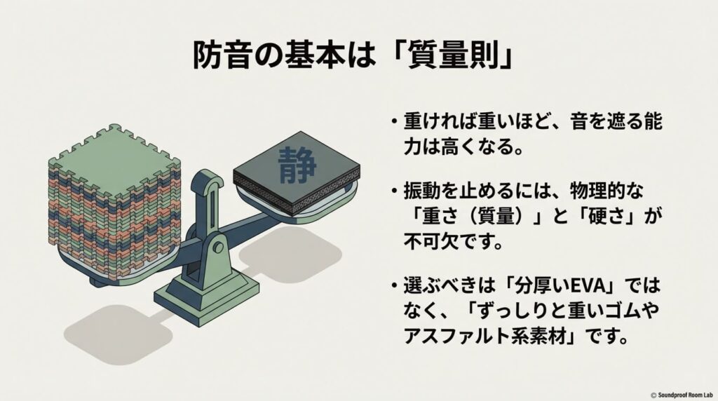 防音の基本『質量則』。重ければ重いほど音を遮る能力が高くなることを、天秤を用いて視覚化したイラスト。
