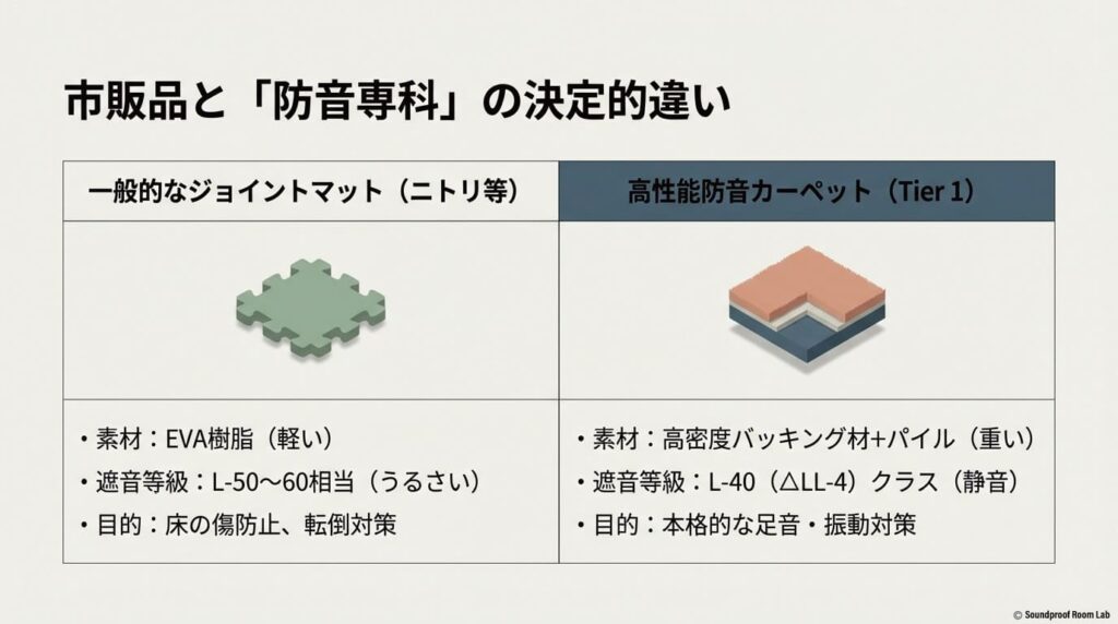 一般的なジョイントマットと高性能防音カーペットの比較表。素材、遮音等級（L-50~60対L-40）、使用目的の違いをまとめています。