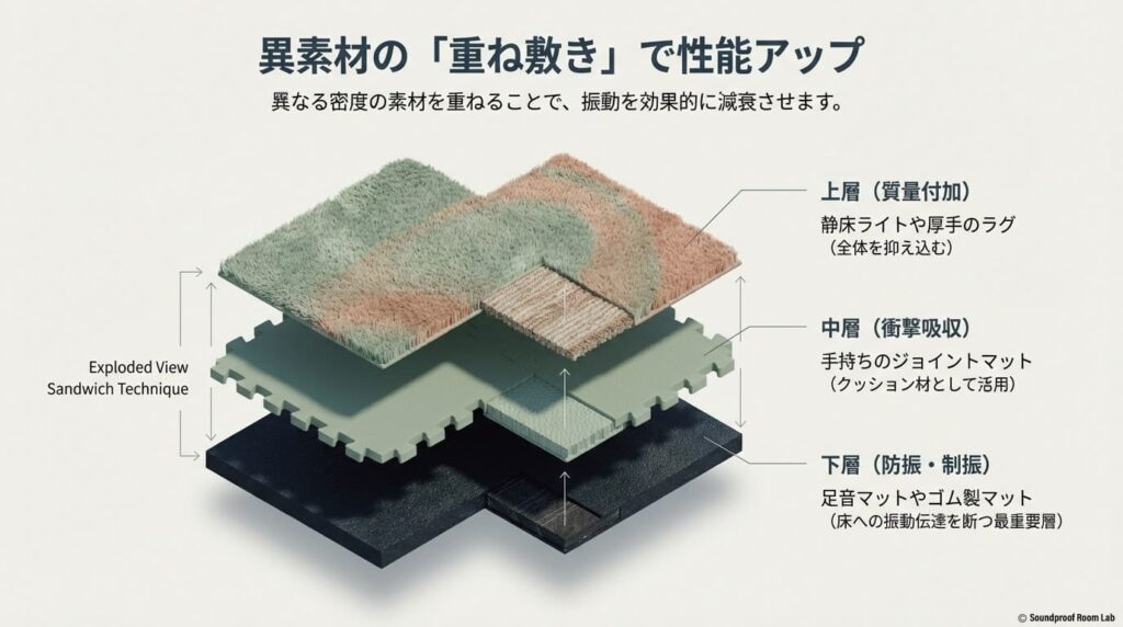 重ね敷き（サンドイッチ工法）の断面図。上層（ラグ等）、中層（ジョイントマット）、下層（防振ゴムマット）の3層構造で振動を減衰させる仕組み。