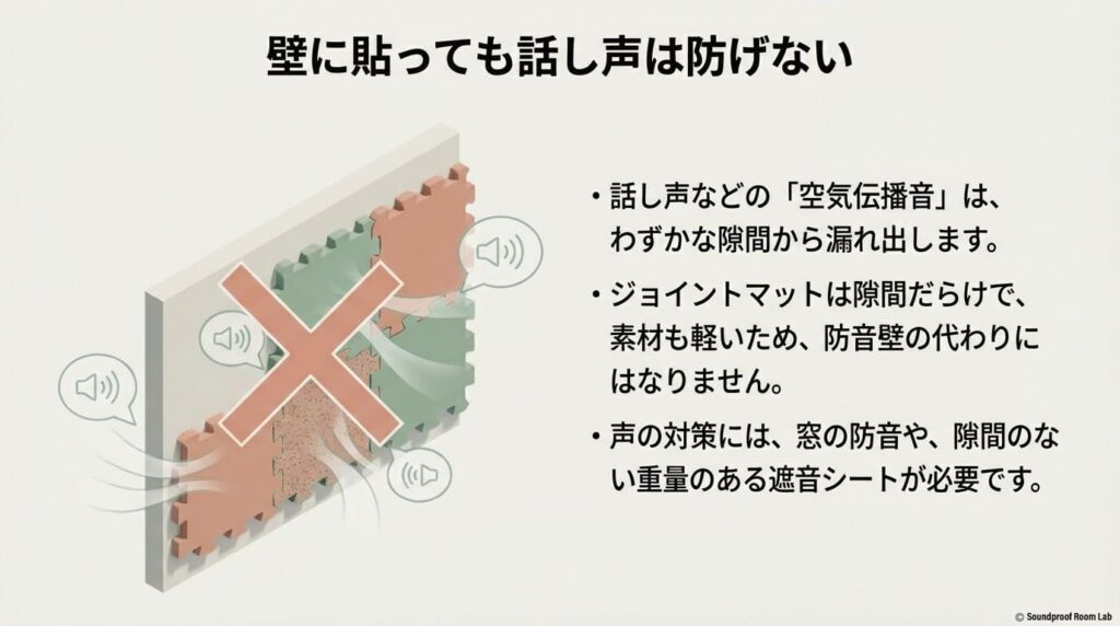 壁にジョイントマットを貼っても、隙間や素材の軽さのせいで話し声などの空気伝播音が漏れてしまうことを示すイラスト。