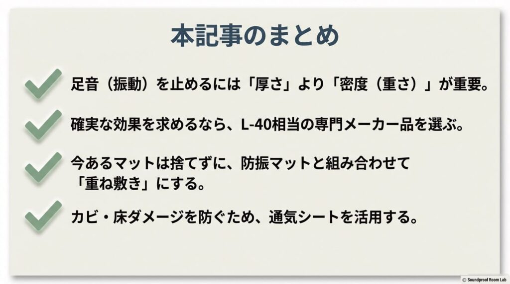 記事のまとめ。足音には密度が重要であること、L-40相当の製品選び、重ね敷きの推奨、カビ対策の4つのポイント。