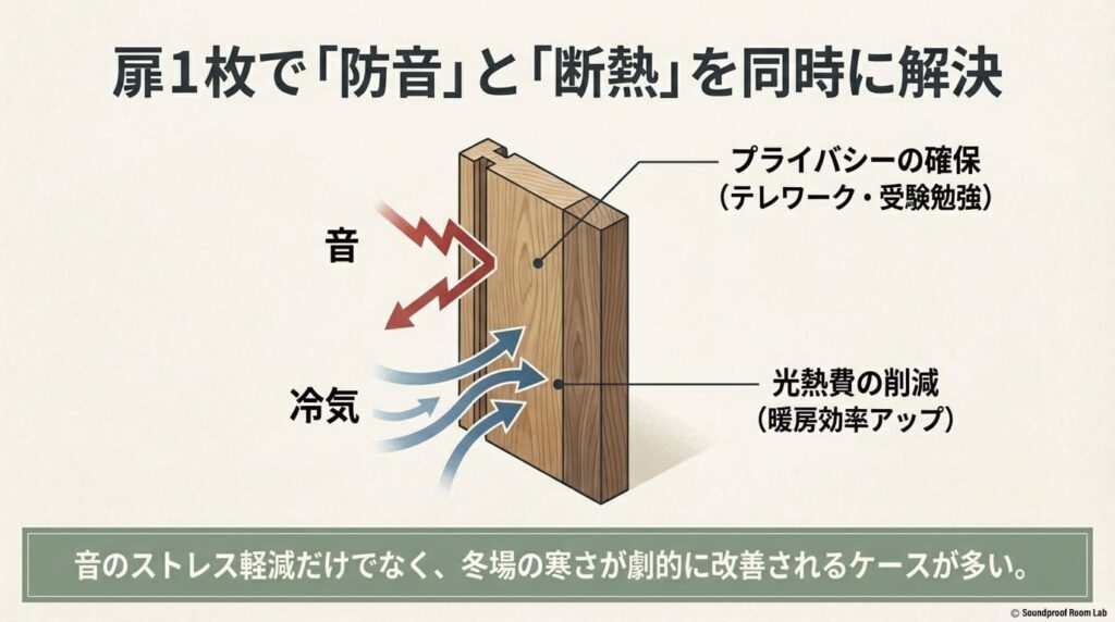 扉1枚で「防音」と「断熱」を同時に解決するメリット(プライバシー確保、暖房効率向上、光熱費削減)の解説スライド 。