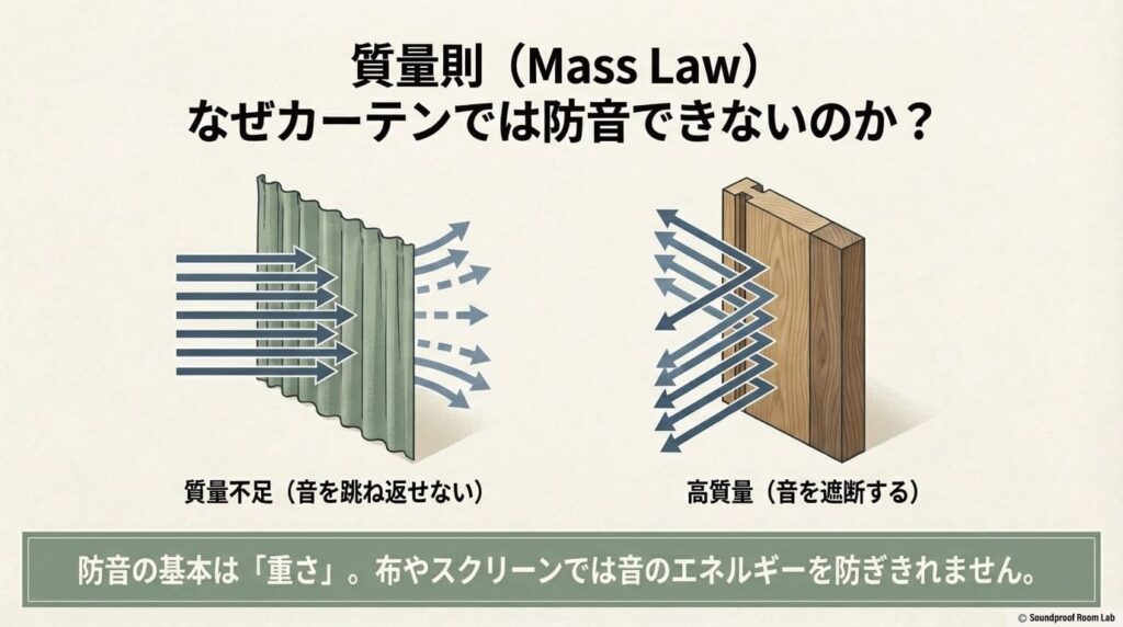 防音の基本原理「質量則」の解説。重い扉(高質量)が音を遮断し、布やスクリーン(質量不足)では音を防ぎきれない仕組みの図解 。
