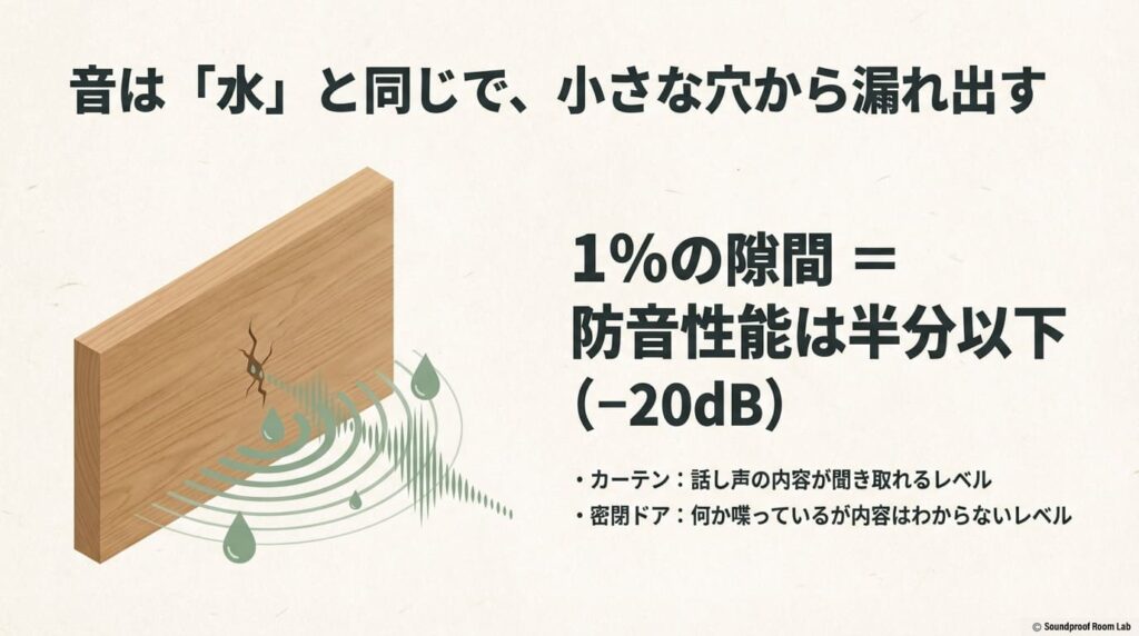音漏れと隙間の関係。1%の隙間が防音性能を半分以下にする物理的理由と、カーテンと密閉ドアの体感的な聞こえ方の違い 。