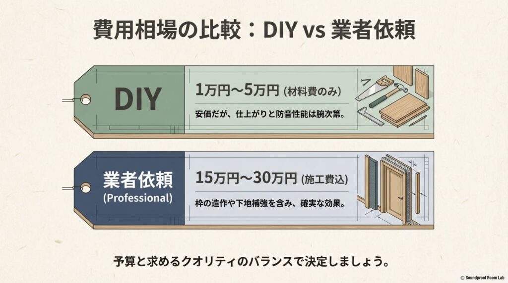 費用相場の比較スライド。DIY(1〜5万円)と業者依頼(15〜30万円)の金額差と、それぞれの仕上がりや効果の特徴 。