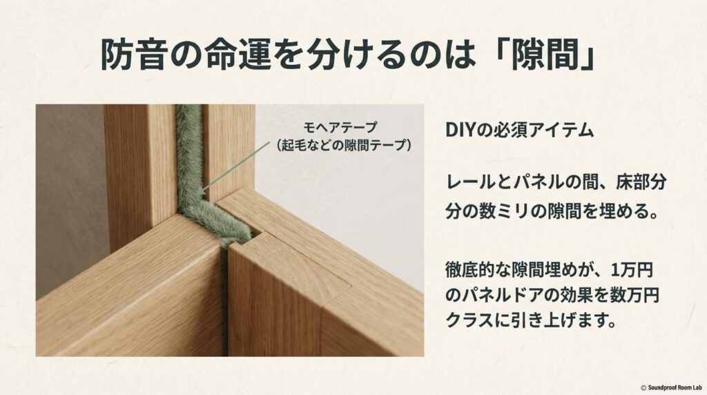 DIY防音の要「隙間対策」。モヘアテープ(起毛テープ)を使い、レールとパネルの間や床部分の数ミリの隙間を徹底的に埋める方法の解説 。