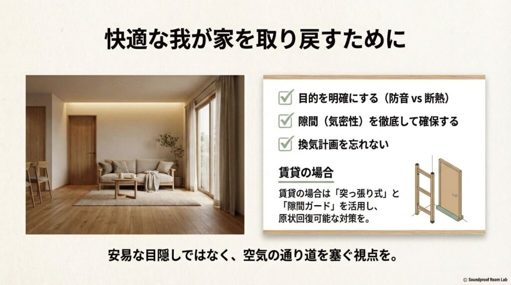 快適な我が家を取り戻すためのまとめ。目的の明確化、気密性の確保、換気計画、賃貸向けの突っ張り式対策の総括スライド 。