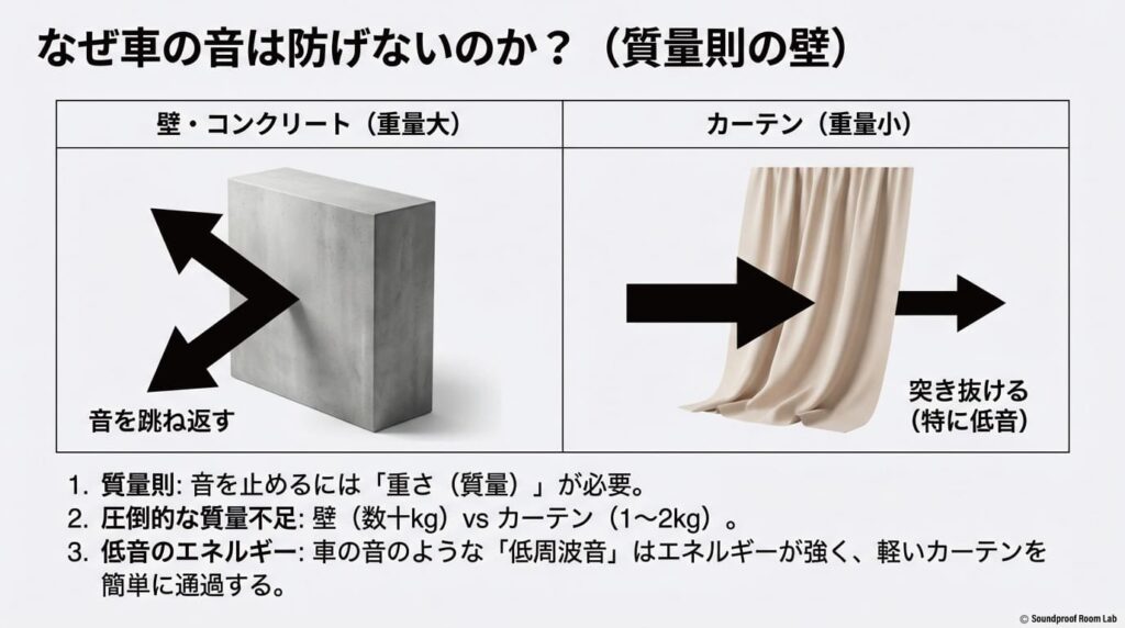質量則（しつりょうそく）の壁を解説する図。重い壁は音を跳ね返すが、軽いカーテンは特に低音のエネルギーを透過させてしまう仕組み。
