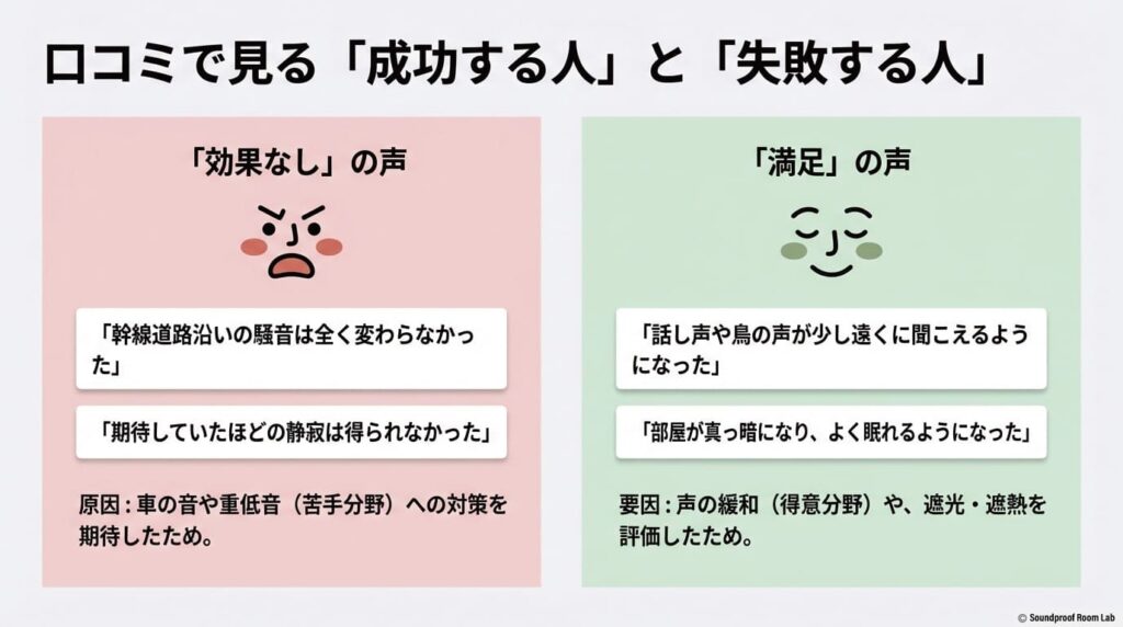 口コミから分析する成功例と失敗例。話し声や睡眠環境の改善に満足した人と、幹線道路の騒音に効果を感じなかった人の原因比較。
