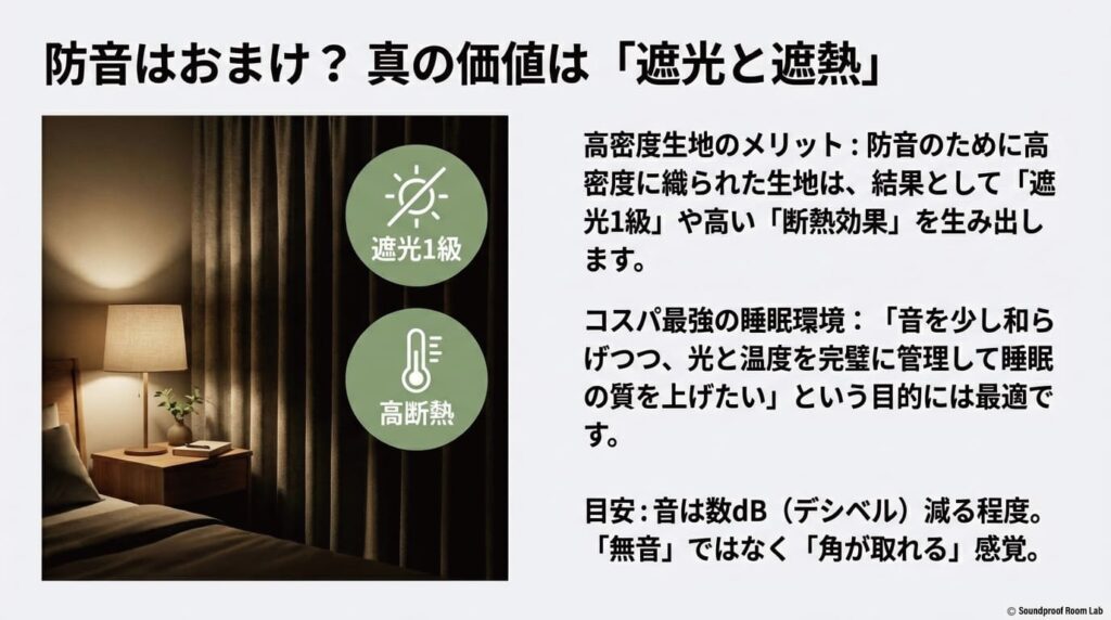 防音性能に付随する「遮光1級」と「高断熱」の価値を解説するスライド。音を和らげつつ光と熱を管理するメリットを強調。