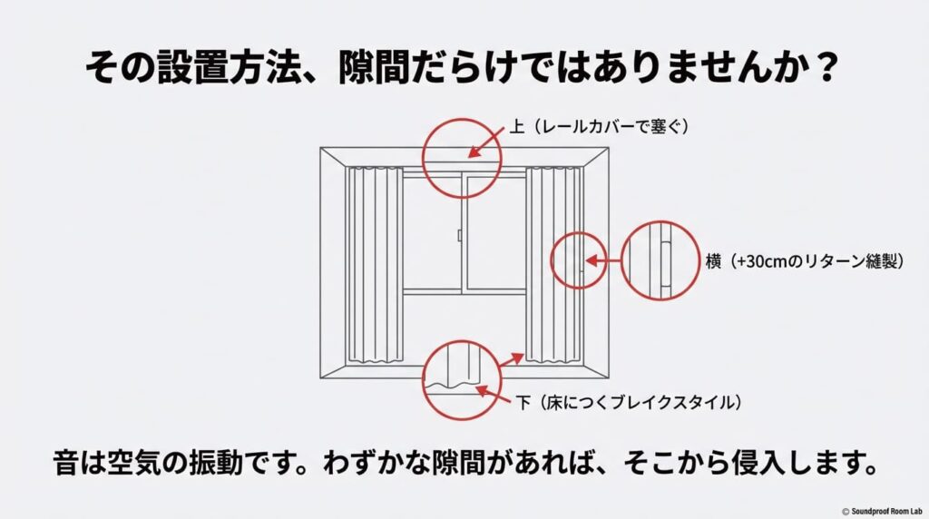 設置時の隙間対策の重要性。レールカバー（上）、リターン縫製（横）、床まで垂らすブレイクスタイル（下）による防音強化の図解。