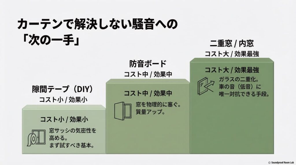 隙間テープ、防音ボード、二重窓それぞれのコストと効果を比較したスライド 。特に車の音などの低音対策には、二重窓が唯一最強の手段であることを示している 。