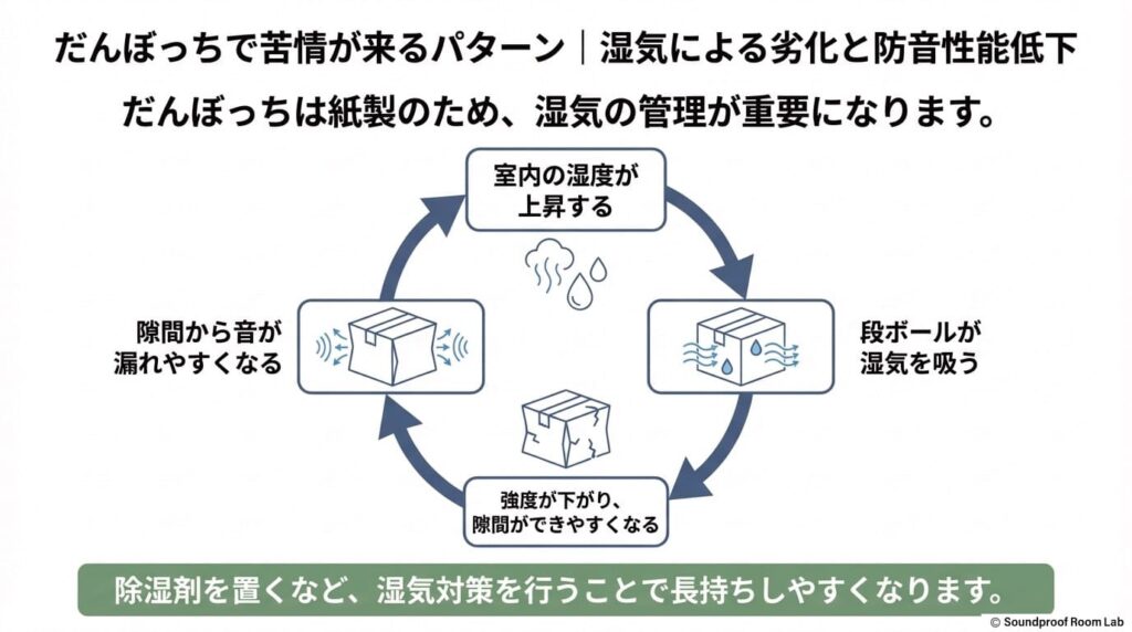 だんぼっちで苦情が来るパターン｜湿気による劣化と防音性能低下：要約図解
