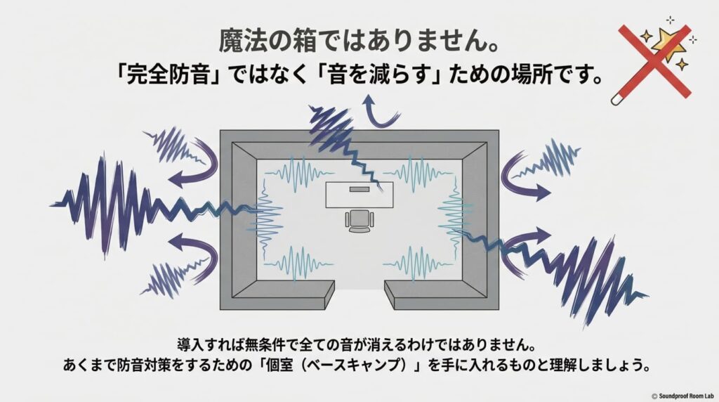 簡易防音室は魔法の箱ではなく、完全防音ではなく「音を減らす」ための場所であることを図解したスライド。