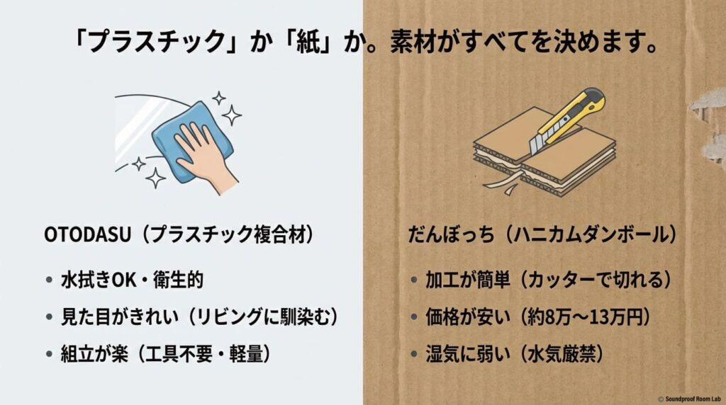 素材の違い（プラスチック vs 紙）による比較。OTODASUは水拭きOKで衛生的、だんぼっちは加工が容易で安価といった特徴のまとめ。