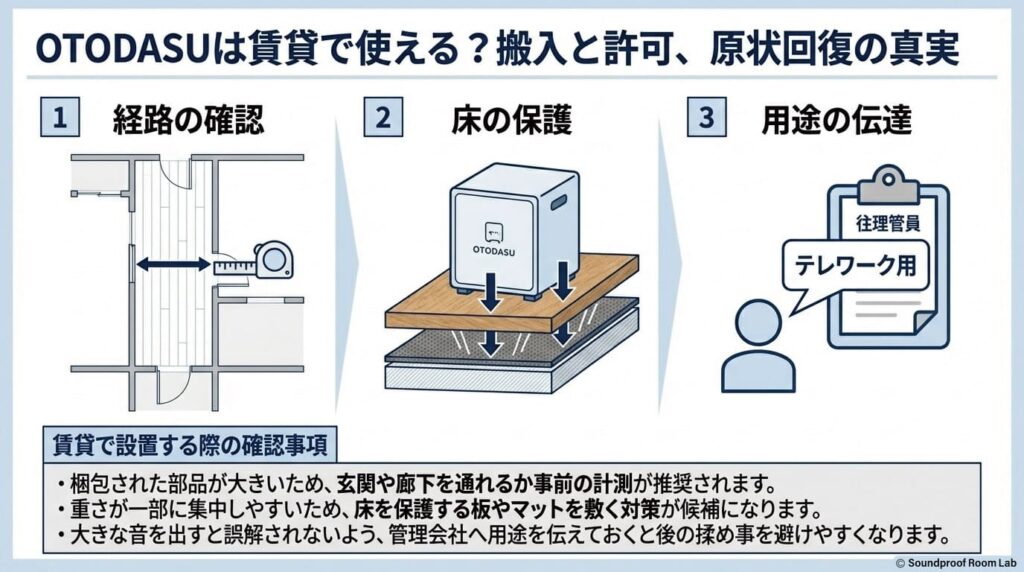 OTODASUは賃貸で使える?搬入と許可、原状回復の真実:要約図解