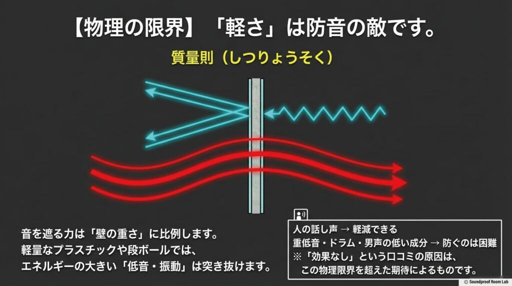物理の限界「質量則」の解説。壁が軽いプラスチックや段ボールでは低音・振動を防ぐのが困難である物理的理由。