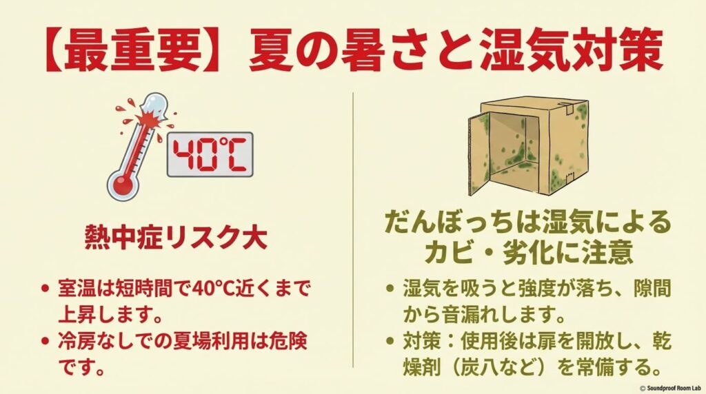 夏の暑さと湿気対策。室温が 40 
∘
 C 近くまで上昇する熱中症リスクと、だんぼっちの湿気によるカビ・劣化への注意。