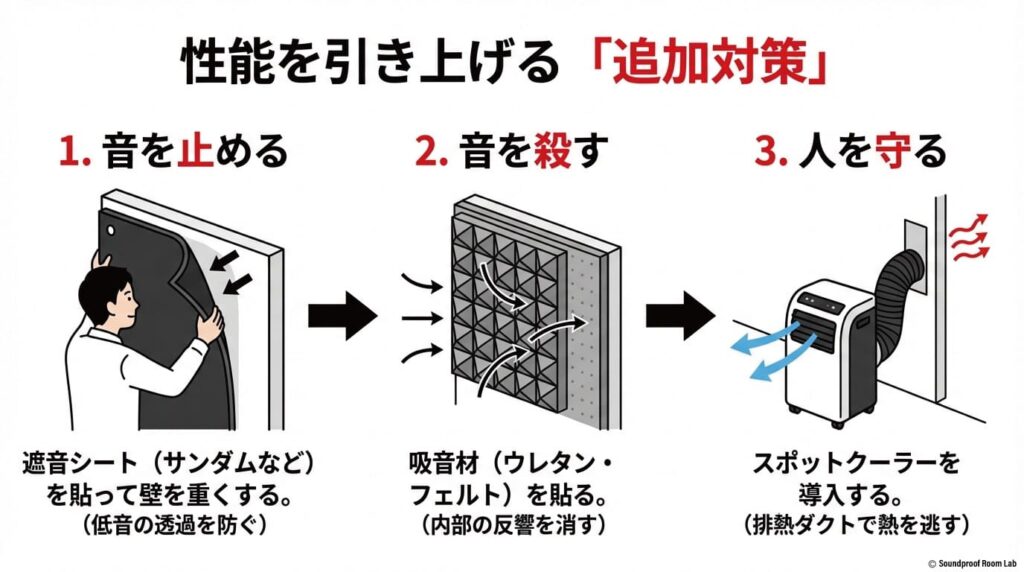 性能を引き上げる3つの追加対策。遮音シートで音を止め、吸音材で音を殺し、スポットクーラーで人を守る手順の図解。
