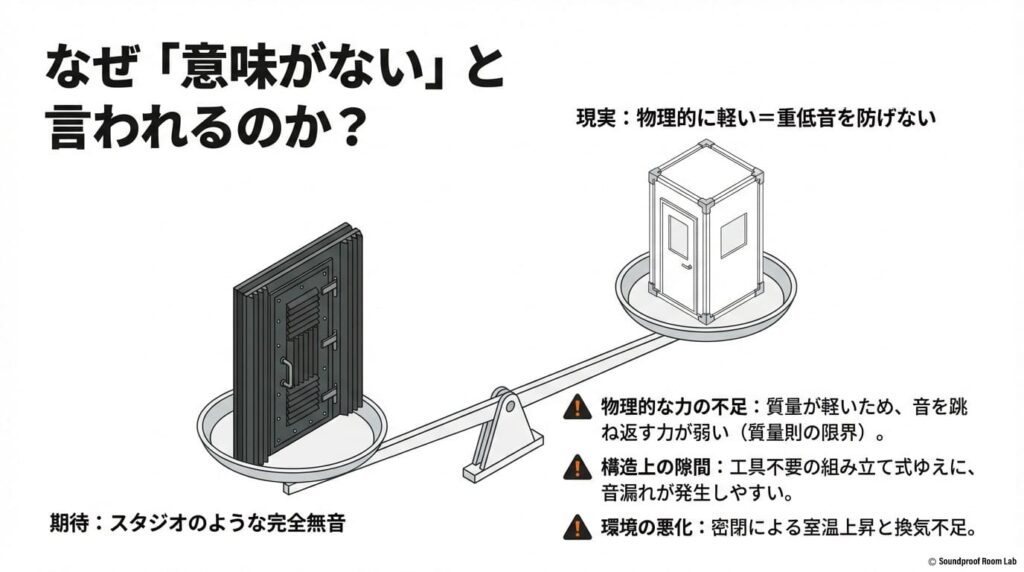 オトダスが「意味ない」とされる物理的な理由(質量の不足による質量則の限界、構造上の隙間、環境悪化)を解説するスライド。