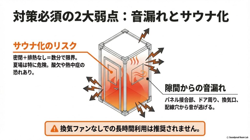 オトダスの2大弱点である「隙間からの音漏れ」と、密閉による「サウナ化(室温上昇・酸欠)」のリスクをまとめたスライド。