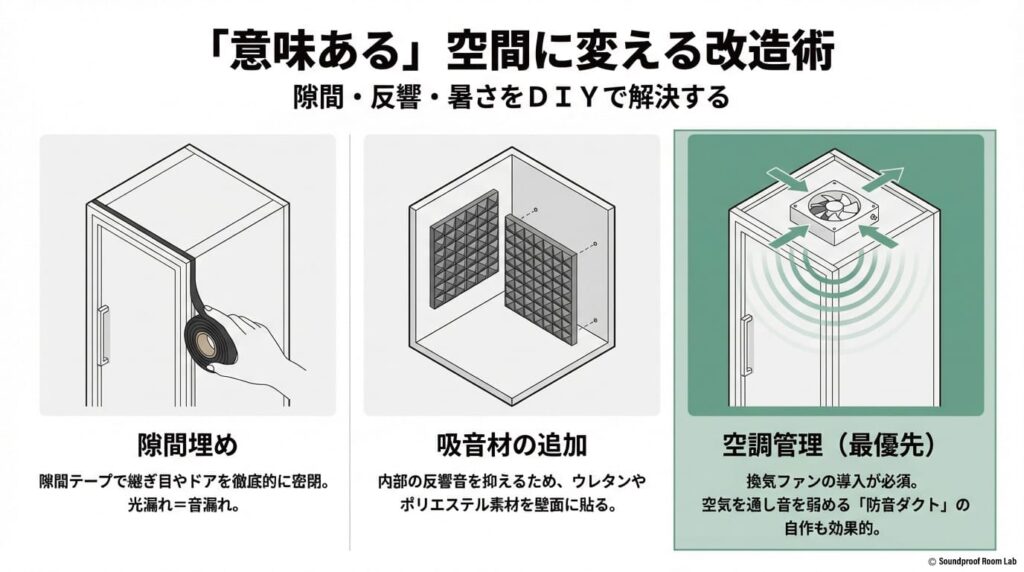 オトダスを「意味ある」空間に変えるための改造術のイラスト。隙間テープによる密閉、吸音材の追加、換気ファンの導入を推奨している。