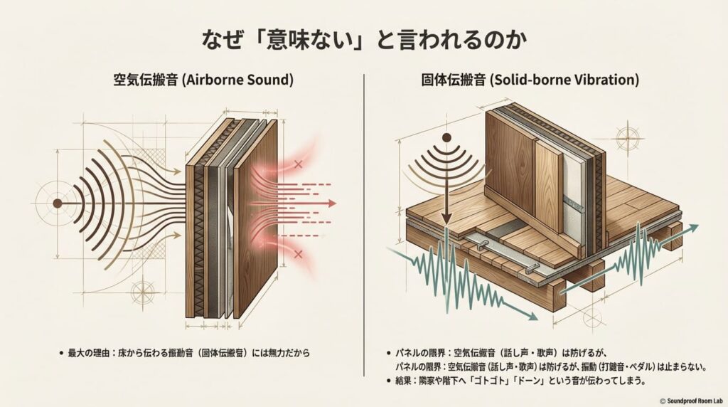 防音パネルが話し声などの「空気伝搬音」は防げる一方で、打鍵やペダルの振動である「固体伝搬音」には無力であり、結果として隣家や階下に音が伝わってしまう仕組みの図解。