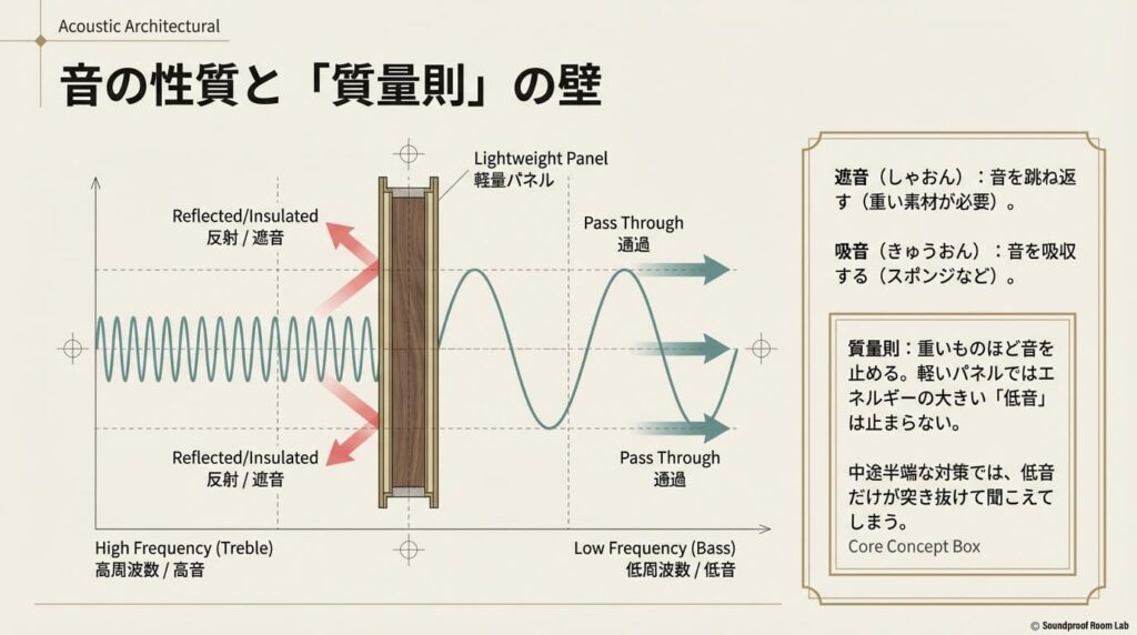 音は高音ほど止めやすく低音ほど止めにくい性質があり、軽いパネルではエネルギーの大きい低音が通過してしまう「質量則」の物理法則を説明する比較図。