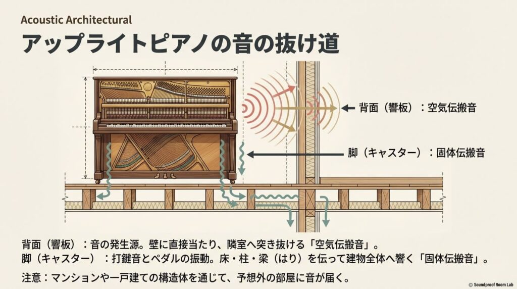 アップライトピアノの背面（響板）から出る空気伝搬音と、脚（キャスター）から床・柱を伝って建物全体へ響く固体伝搬音のルートを示すイラスト。