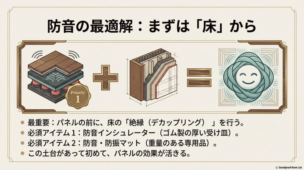 防音パネルの効果を活かすための土台作り。最優先事項である床の絶縁（デカップリング）と、必須アイテムであるインシュレーター、防振マットの組み合わせ図。