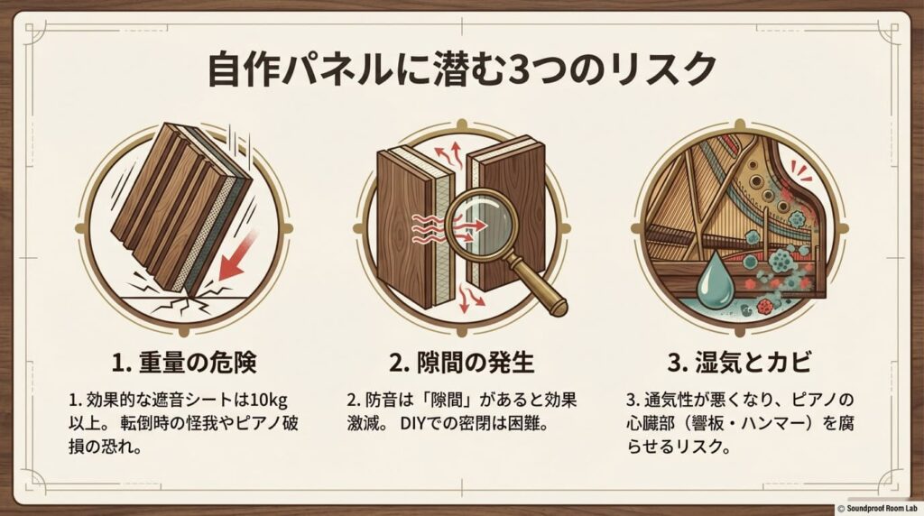 ピアノ防音パネルを自作する際のリスクである「重量による転倒の危険」「隙間による効果激減」「通気不足による湿気とカビ」を警告するスライド。