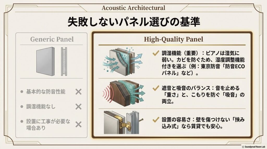 一般的なパネルと高品質パネルの比較。遮音・吸音のバランスに加え、カビを防ぐ「調湿機能」や賃貸でも安心な「設置の容易さ」を基準にするべきことを示す図。