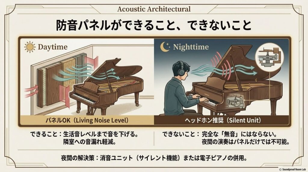 防音パネルの限界。昼間は生活音レベルまで軽減できるが、夜間の完全な無音化は不可能。夜間演奏には消音ユニットや電子ピアノの併用が必要であることを示す昼夜の比較図。