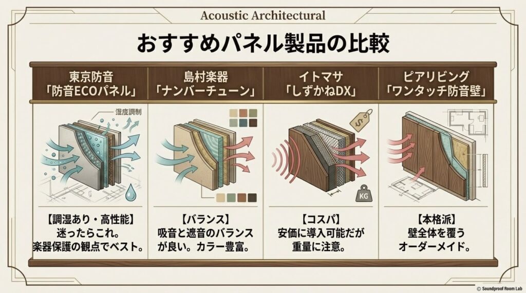 東京防音（防音ECOパネル）、島村楽器（ナンバーチューン）、イトマサ（しずかねDX）、ピアリビング（ワンタッチ防音壁）の性能、調湿、特徴をまとめた比較表スライド。