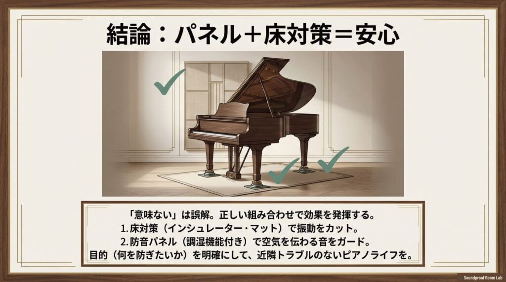 結論。インシュレーターやマットでの床対策と、調湿機能付き防音パネルを正しく組み合わせることで、近隣トラブルを防ぎ安心なピアノライフを送れることを示すまとめスライド。