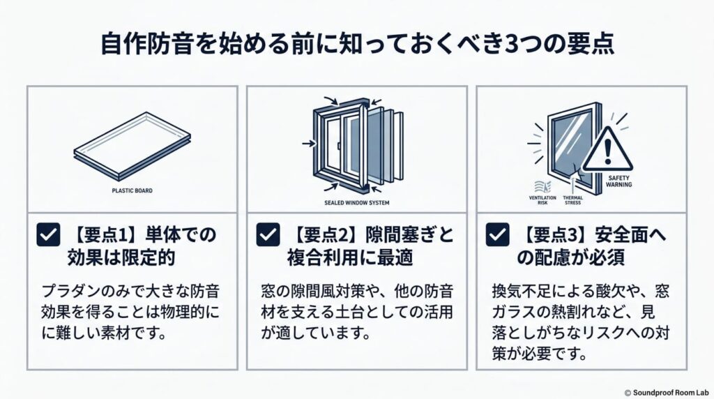 プラダン自作防音を始める前に知っておくべき3つの要点(単体効果の限界、隙間対策への適性、安全配慮の必要性)をまとめた解説図。
