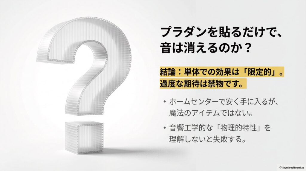 プラダンを貼るだけでは音は消えず、単体での効果は限定的であることを示す結論スライド。