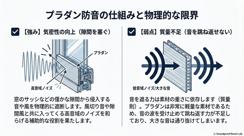 プラダン防音の仕組み。隙間を塞ぐ気密性向上で高音域ノイズを防ぐ強みと、質量不足で低音が通り抜ける物理的な限界を解説した図