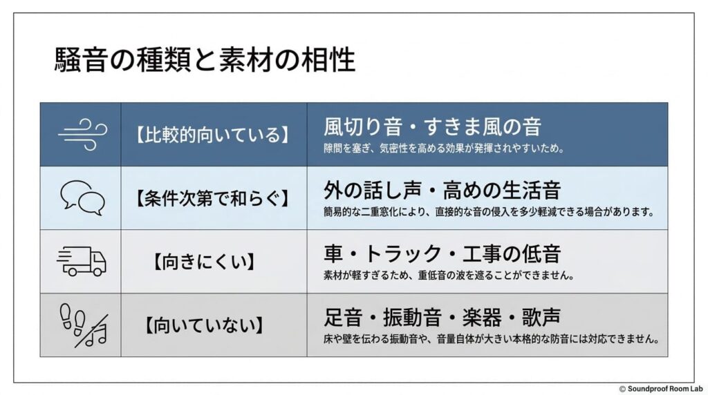 騒音の種類とプラダンの相性一覧。風切り音やすきま風には比較的向いているが、車の低音や足音・楽器などの重低音・振動音には向かない理由を示す表。