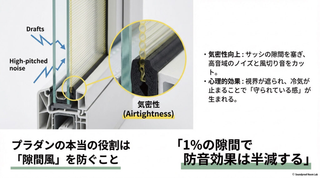 隙間風を防ぐ気密性向上の重要性と、1%の隙間で防音効果が半減するというリスクを解説するスライド