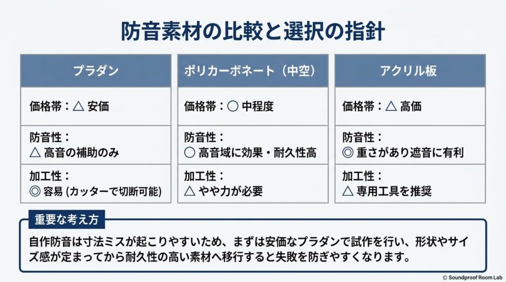 プラダン、ポリカーボネート、アクリル板の防音性能・価格・加工性の比較表。プラダンを試作に使い、ポリカ等へステップアップするDIYの指針
