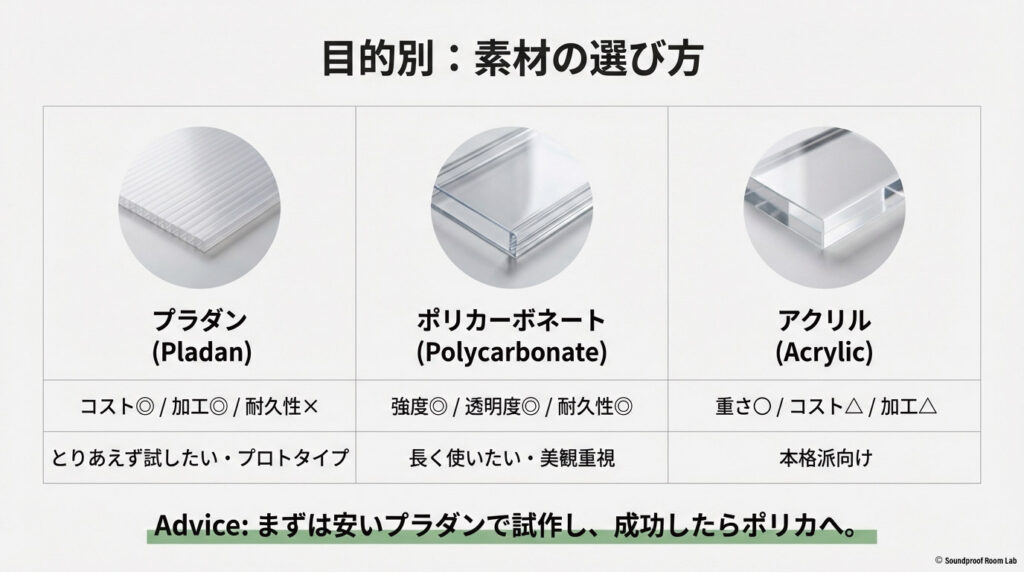プラダンを芯材に、遮音シートと吸音材を組み合わせた防音性能を最大化するサンドイッチ工法の図解。