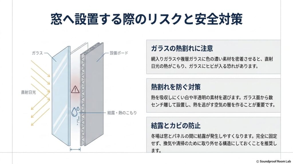窓に防音ボードを設置する際の注意点。直射日光によるガラスの熱割れを防ぐ空気層の確保と、結露・カビ防止のための取り外し可能な構造を図解。