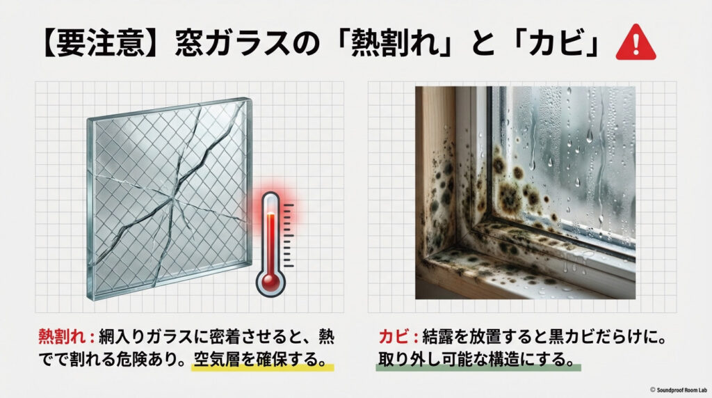 網入りガラスの熱割れ現象と、結露によるカビ発生のリスクを説明し、空気層確保の重要性を訴えるイラスト。