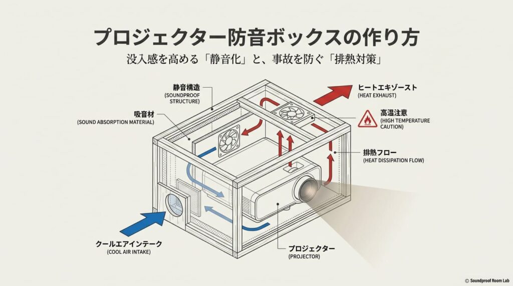 プロジェクター防音ボックスの全体構造図。吸音材、静音構造、ヒートエキゾースト、クールエアインテークによる排熱フローの仕組みを解説する導入スライド。