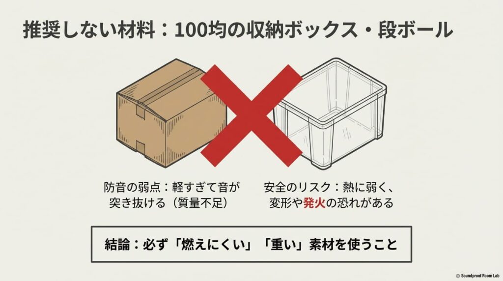 100均ボックスや段ボールを推奨しない理由。質量不足による音の透過と、熱による変形・発火リスクを解説し、重く燃えにくい素材の重要性を説くスライド。