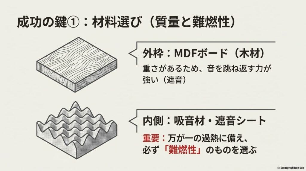成功の鍵となる材料選びの解説。外枠には遮音性の高いMDFボード、内側には難燃性の吸音材や遮音シートを使用することを推奨する図解。