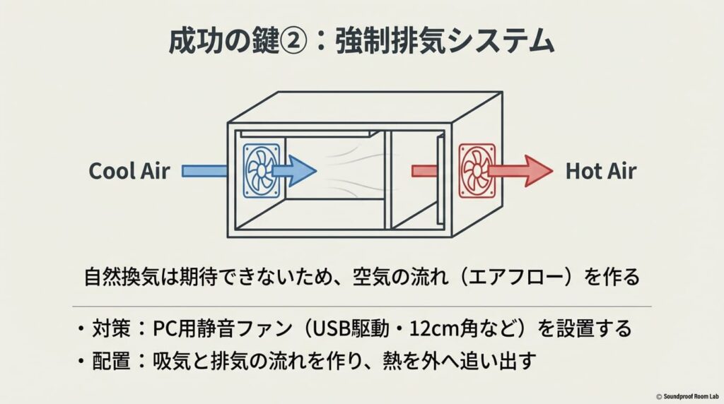 強制排気システムの仕組み。PC用静音ファンを利用して吸気と排気の流れを作り、内部に熱を溜めないエアフロー構築を解説するスライド。
